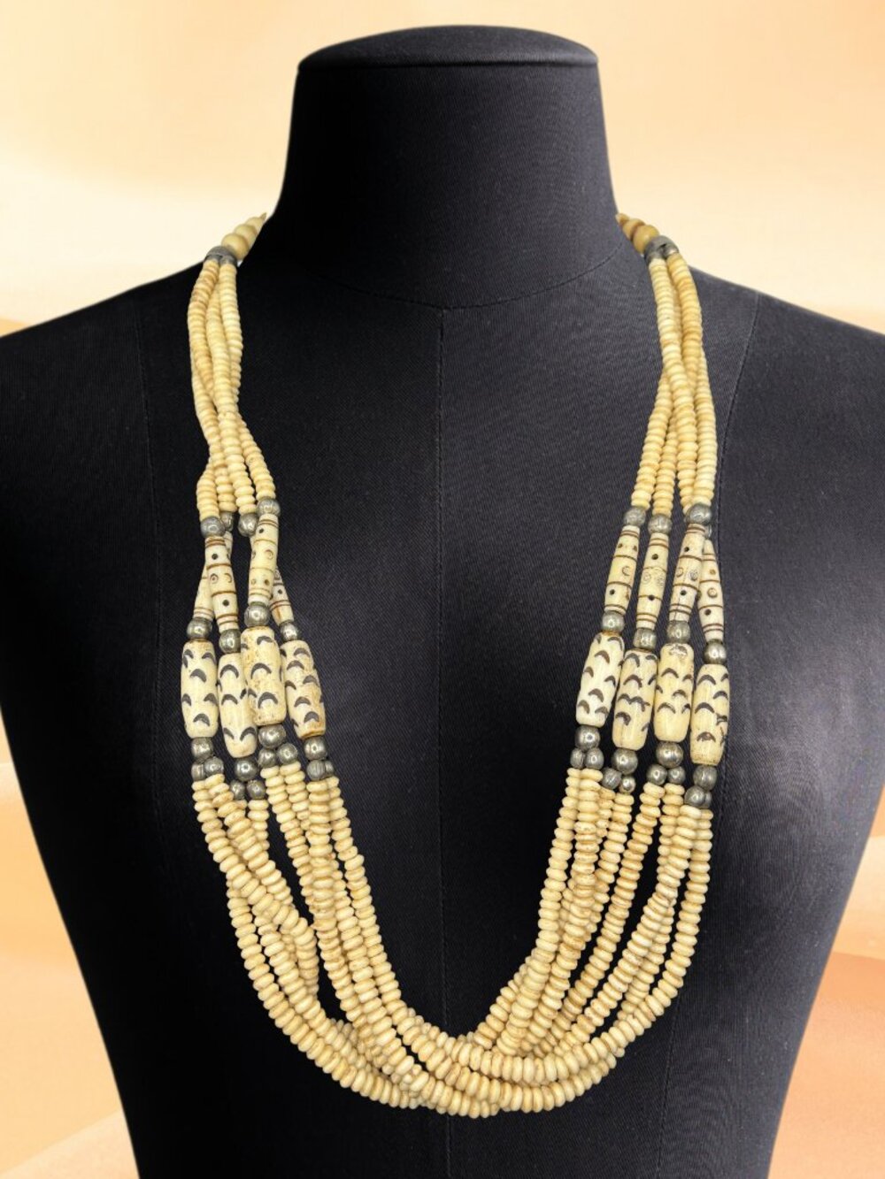 Artisan Boho Multistrand Carved Bone Necklace